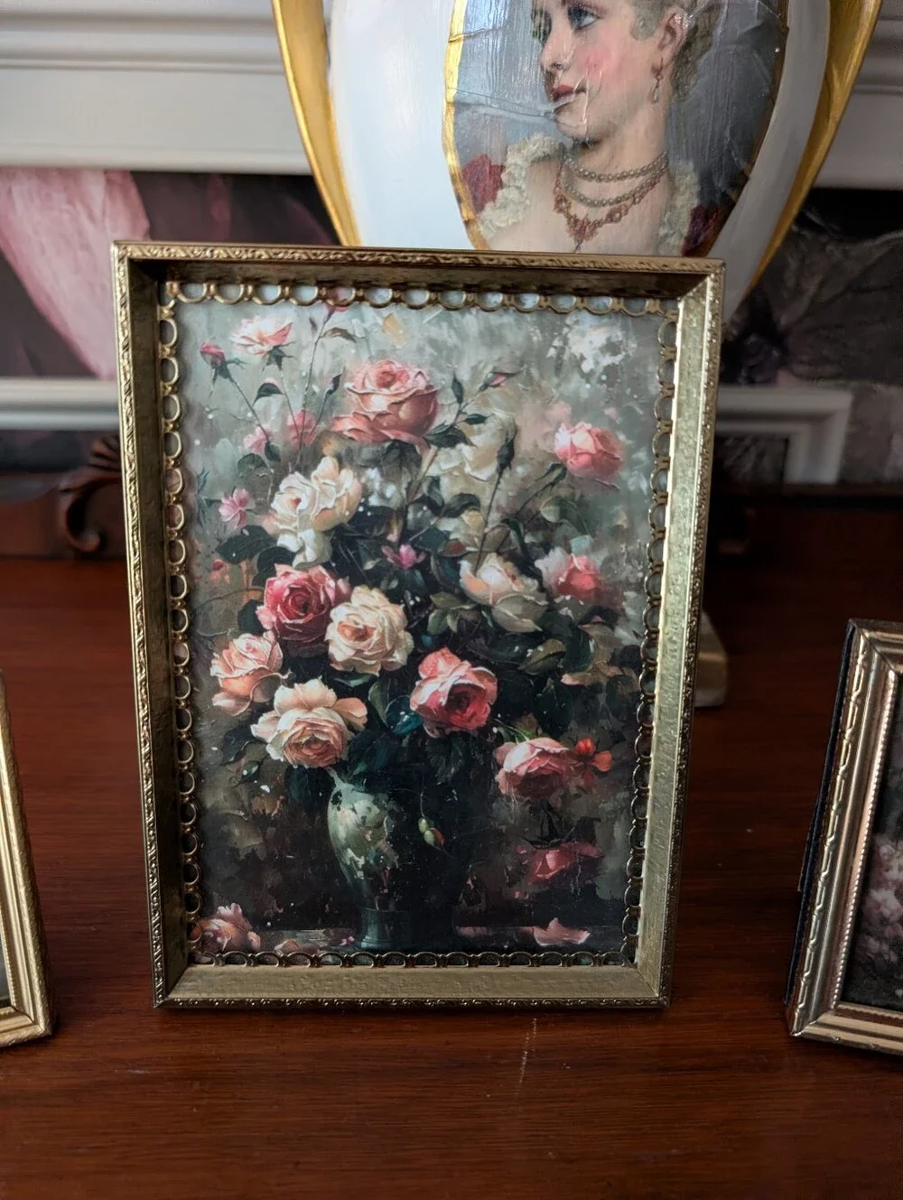 Vintage, set of 3, Gold Metal Detailed/Ornate Photo frames w/ VTG moody Prints